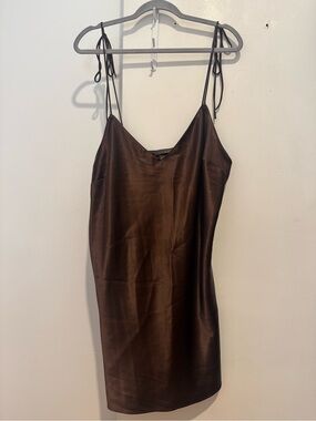 Satin Tie-Strap Slip Dress - Brown